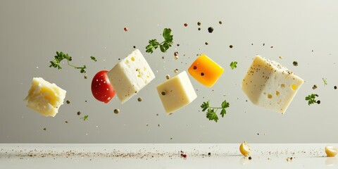 An artistic display of floating cheese cubes with fresh herbs and spices, showcasing the beauty of culinary creativity.