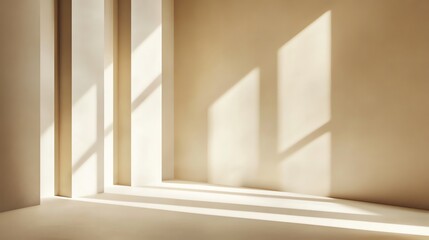 Poster - Minimalist interior design with a beige wall, a window and a beam of light.