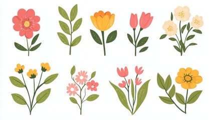 Poster - A modern illustration with cutouts of flowers, leaves, and botanical icons in a simple, folk-style minimalism on a white background.