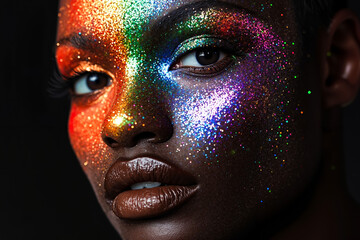 Poster - A woman with a rainbow colored face paint on her face