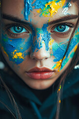 Sticker - A woman with blue and yellow paint on her face