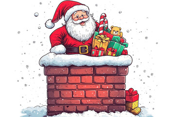 Poster - A santa claus sitting on top of a chimney with presents and a teddy bear