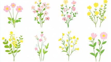Poster - The illustration consists of flowers, leaves, and botanical icons in a simple folk style on white background. It is a modern illustration based on cutouts.