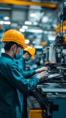 Aufkleber - Workers in protective gear assembling electronics in a busy factory during the day