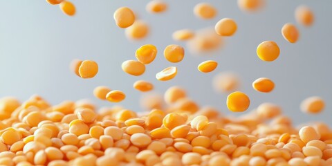 Close-up of yellow split peas falling in mid-air, creating a lively and dynamic composition for culinary and food-themed visuals.