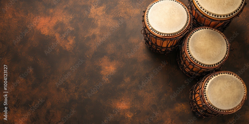 Trad Instruments Background Collection of traditional drums resting on a textured background ...