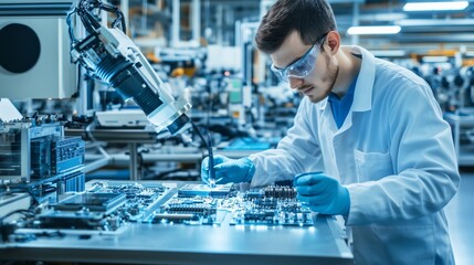 Poster - technician working meticulously on circuit boards in a modern electronics manufacturing facility dur
