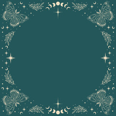 Wall Mural - Magic blue vector frame with butterflies, plants, moon, stars. Mystic frame for tarot, esoteric, astrology design. Template for poster and prints.