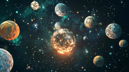 Wall Mural - A glowing planet in the center of a starry sky is surrounded by other planets, creating a mesmerizing sight