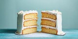 Delicious layered cake with white frosting, perfect for celebrations and desserts, showcasing a delightful and tempting treat.
