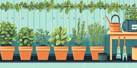 Wall Mural - Seven potted plants with terracotta pots against a blue wooden wall.