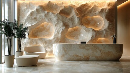 Wall Mural - Minimalist reception area with a natural stone wall, soft beige seating, and a light wood desk