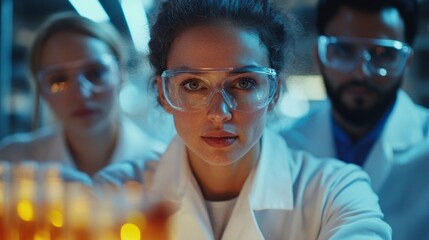 Poster - A woman wearing a lab coat and goggles is looking at a beaker of yellow liquid