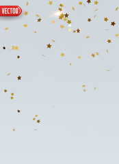 Canvas Print - Golden confetti falling shapes stars on light background. Confetti realistic round flat design for banners or party themes. Bright festive tinsel of gold color. Vector illustration