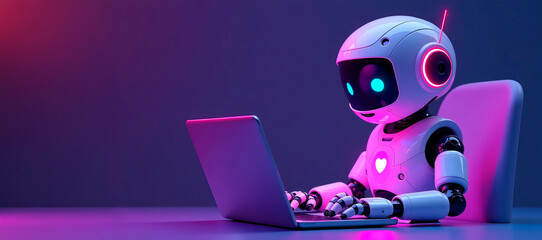 Cute friendly artificial intelligence robot using laptop computer with purple neon glow light, chatbot and AI assistant concept futuristic technology 3d illustration, banner