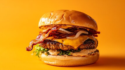 Canvas Print - A cheeseburger with bacon and onion on a toasted bun.