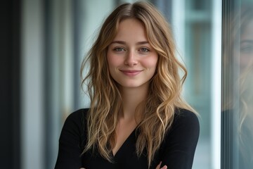 Wall Mural - Woman with curly hair is smiling at the camera. She is wearing a black shirt. There is a potted plant in the background. cheerful smiling woman standing with arms crossed at glass wall