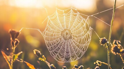 Dew Covered Spider Web at Sunrise