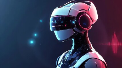 Wall Mural - a white robot with a futuristic helmet stands against a blue and red background with a sound wave be