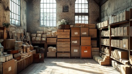 Sticker - Industrial Warehouse Interior with Stacked Boxes and Sunlight