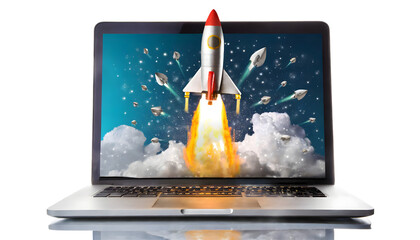 Rocket coming out of laptop screen Splash. Generative AI.