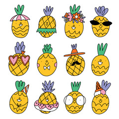 Wall Mural - Set of 12 cute vector cartoon pineapples in doodle style, summer chill party characters, isolated on white background