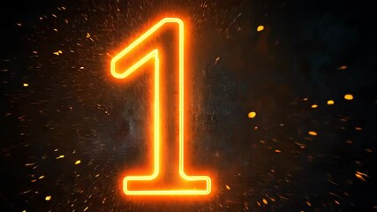 Wall Mural - A glowing orange neon number one with sparks around it against a black background