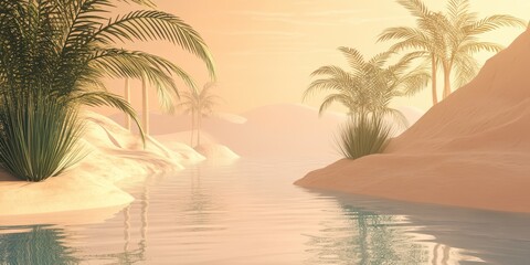 Wall Mural - A serene desert landscape featuring tranquil waters and palm trees, evoking a peaceful and dreamy atmosphere.