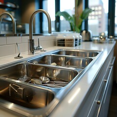 A kitchen sink with three stainless steel basins and a silver faucet