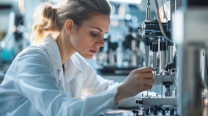Poster - a scientist conducts experiments in a modern laboratory, focusing on intricate machinery and innovat