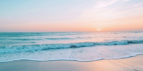 Wall Mural - A serene ocean view at sunset, showcasing gentle waves and pastel skies, perfect for relaxation and tranquility.