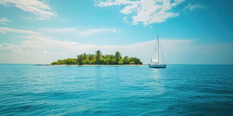 Wall Mural - A serene sailing scene near a lush tropical island, showcasing clear blue waters and a bright sky, perfect for vacation inspiration.