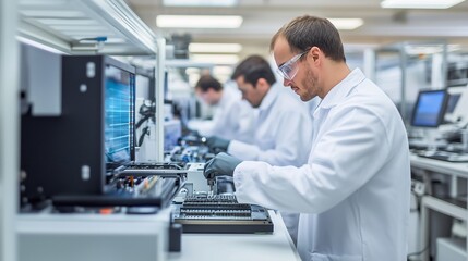  - medical technicians in lab coats working on electronic equipment in a modern research facility durin