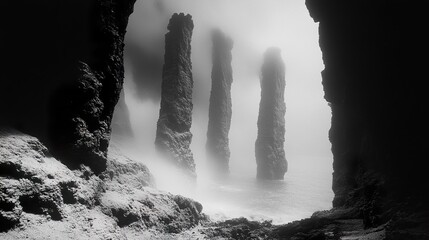 Poster - Sea Stacks Emerging From Fog - Dramatic Coastal Landscape