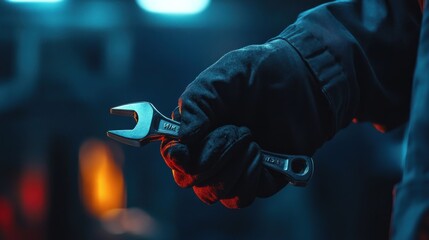 Poster - A gloved hand holds a wrench, emphasizing tools and mechanical work in a dimly lit environment.