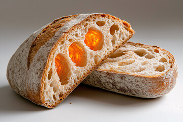 A slice of genetically engineered bread reveals its unique structure, showcasing soft, airy interior with distinct holes. warm glow adds an intriguing touch to this innovative food item