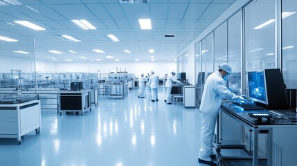 Poster - laboratory technicians in cleanroom attire working on advanced technology in a modern research facil