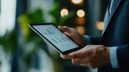 Poster - A person holding a tablet displaying business graphs in a modern setting.