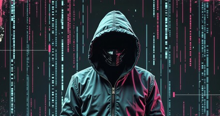 Cyber crime concept. Minimalist print style collage poster, Abstract grunge backdrop, hacker man, Retro futuristic graphic design style.