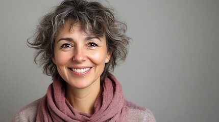 A woman with curly grey hair smiles warmly at the camera.