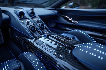 The interior of a car is lit up with blue lights, giving it a futuristic