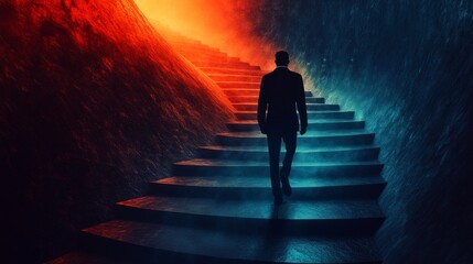 Poster - A man is walking down a staircase in a dark, mysterious tunnel