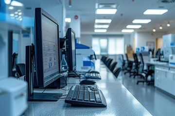 Poster - A computer lab with several computers and keyboards