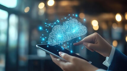 Poster - A person using a smartphone with a digital cloud graphic above, symbolizing cloud computing.