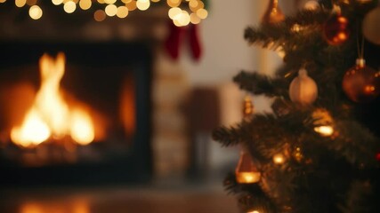 Aufkleber - Cozy living room with a beautifully decorated christmas tree and sparkling ornaments, glowing warmly next to a crackling fireplace, creating a magical holiday atmosphere
