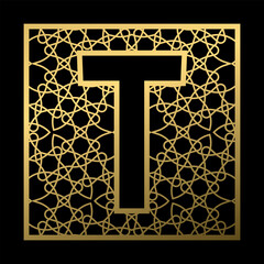 Poster - Letter T is carved in vintage patterned square on black background. Golden monogram in vintage style.