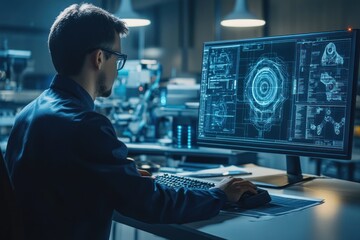 Engineer analyzing futuristic design on computer screen.