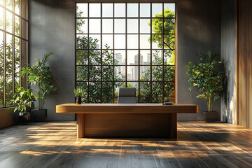 Poster - an office space with a single, modern desk and a large, uncluttered wall behind it, symbolizing the 