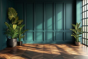 This is an illustration mockup showing an empty three dimensional green, turquoise color interior with wall panels, mouldings, and a wooden floor.