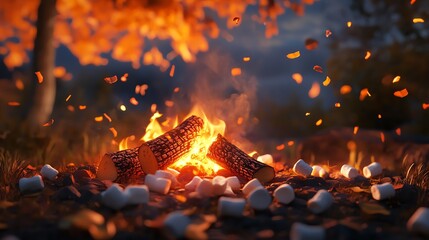 Cozy autumn campfire with falling leaves and marshmallows, perfect for outdoor gatherings under the beautiful, colorful autumn sky.